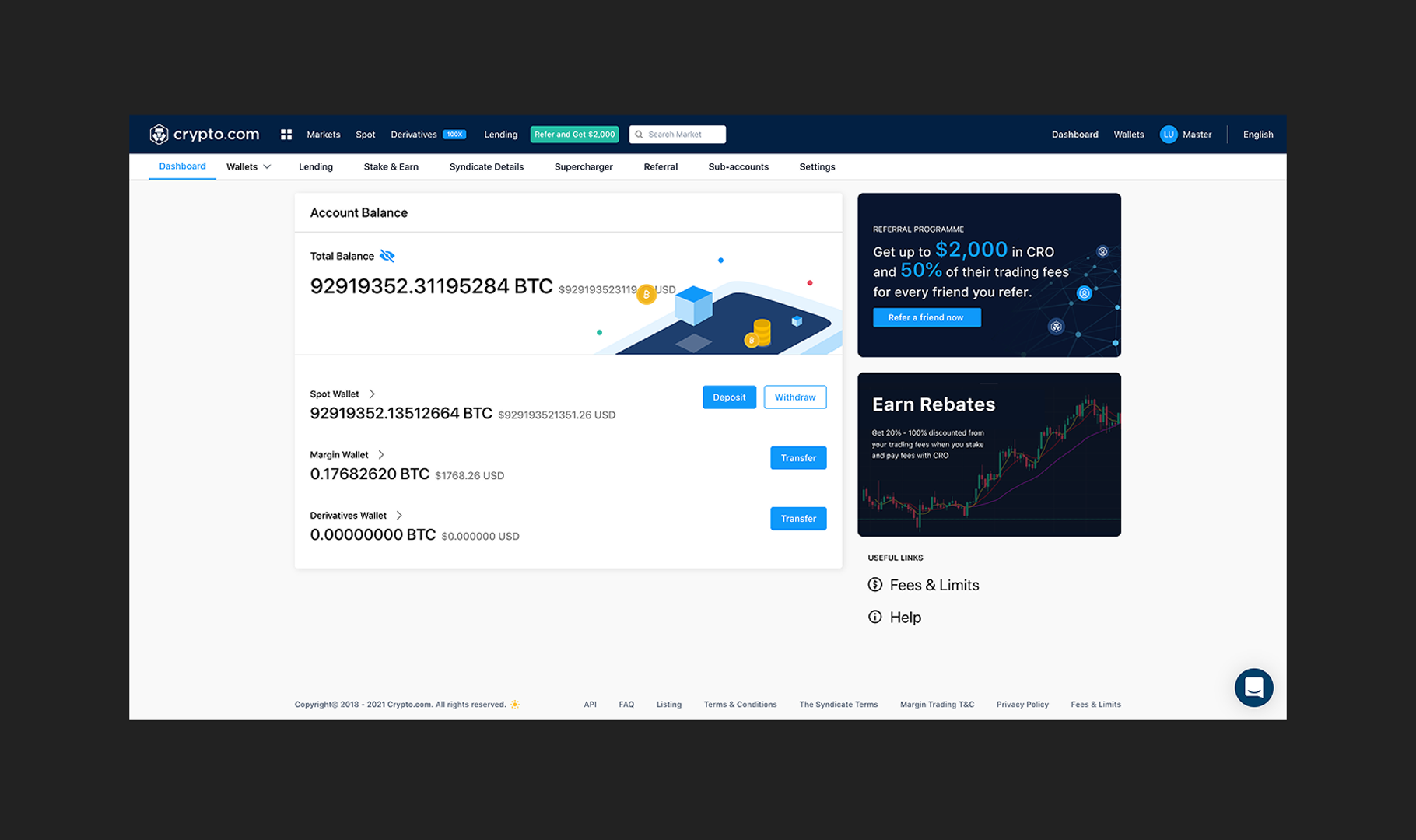 The previous Exchange dashboard, showing wallet balances only