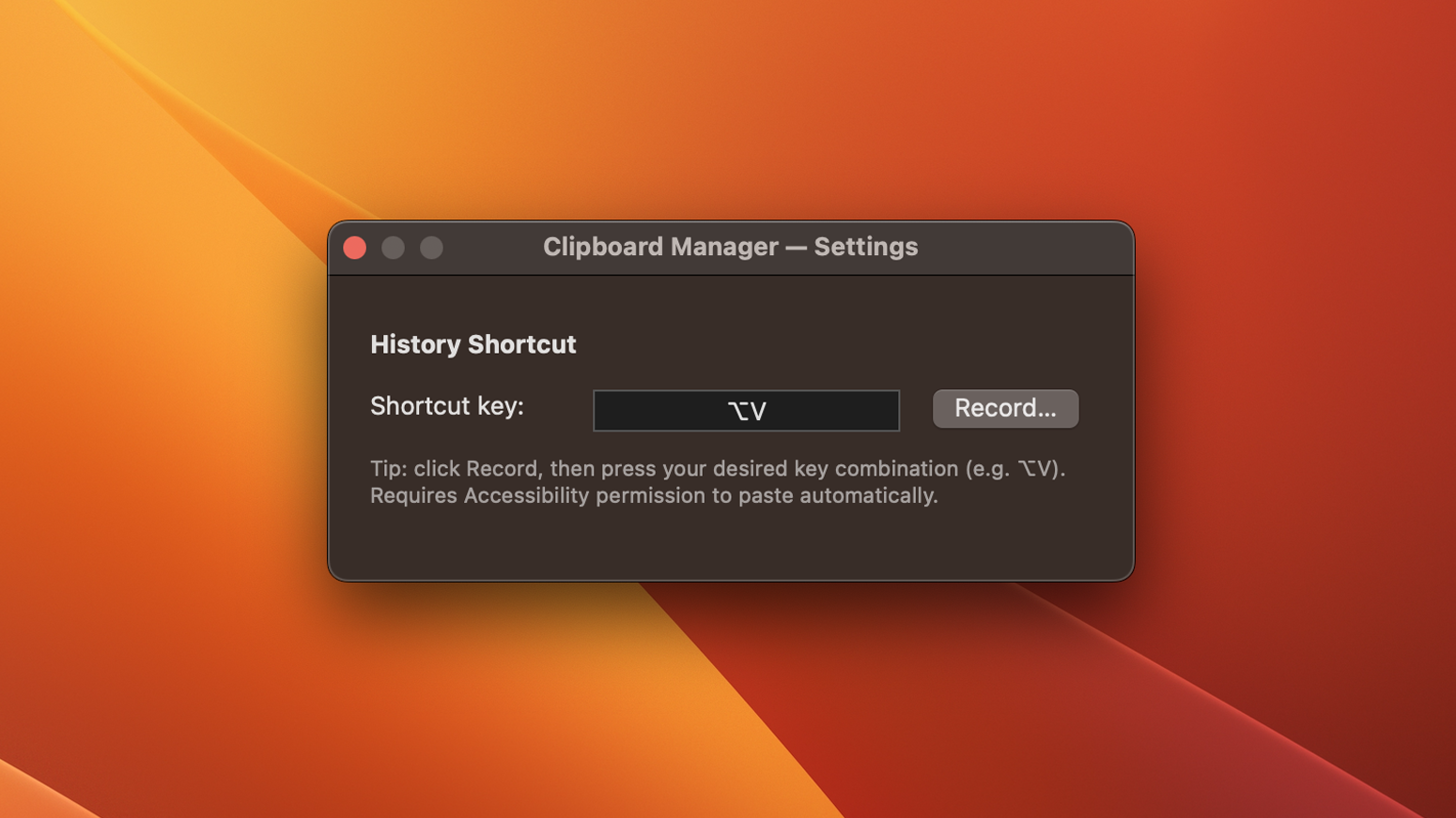 Clipboard Manager settings window with the shortcut recorder