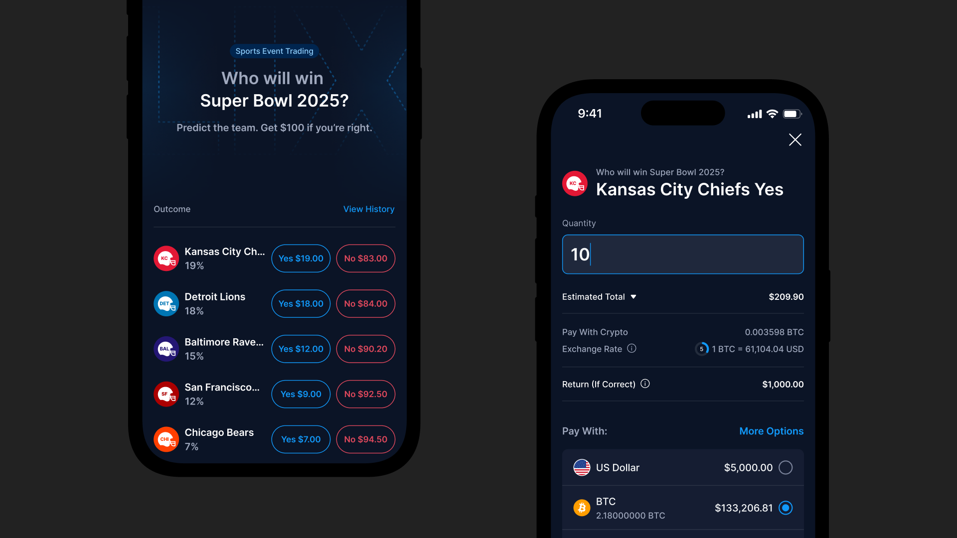 Super Bowl 2025 outcome list and order flow on mobile
